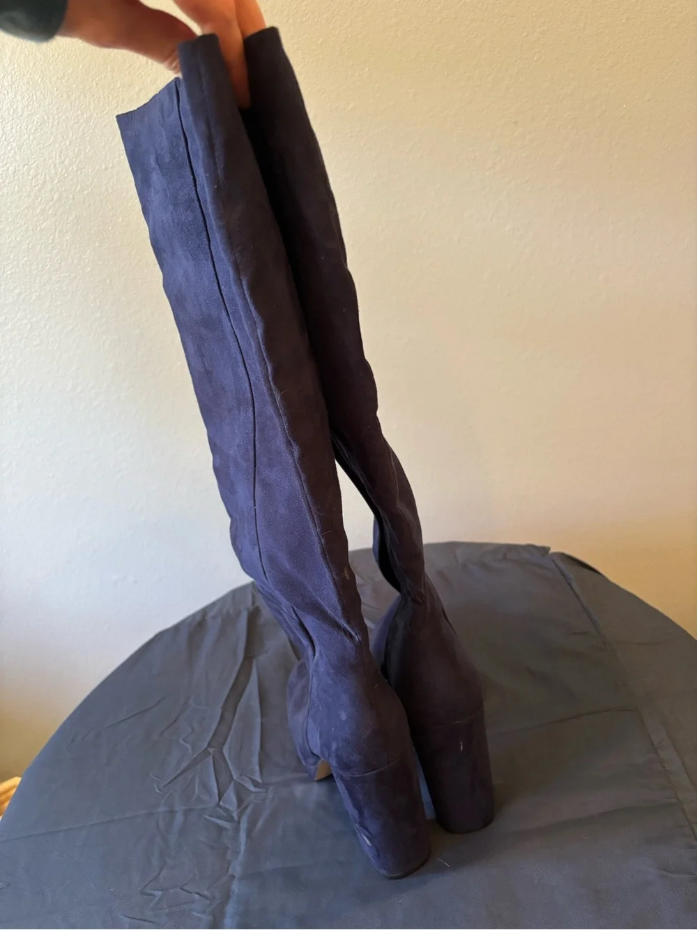 Chic Navy Blue Faux Suede Knee-High Block Heel Boots - Size 8